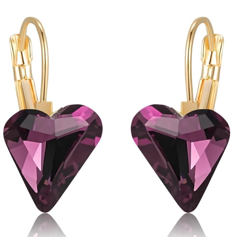 14K Yellow Gold with Purple Amethyst Austrian Crystal Heart Leverback Earrings